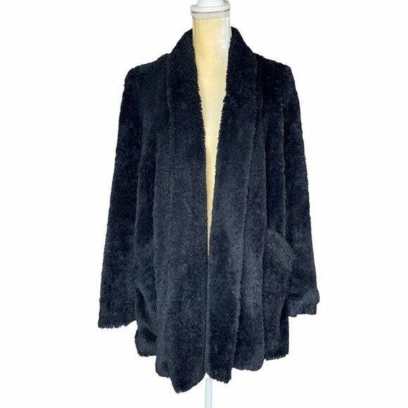 Kenneth Cole Faux Fur Black Coat Medium Women Open Front - Picture 2 of 12